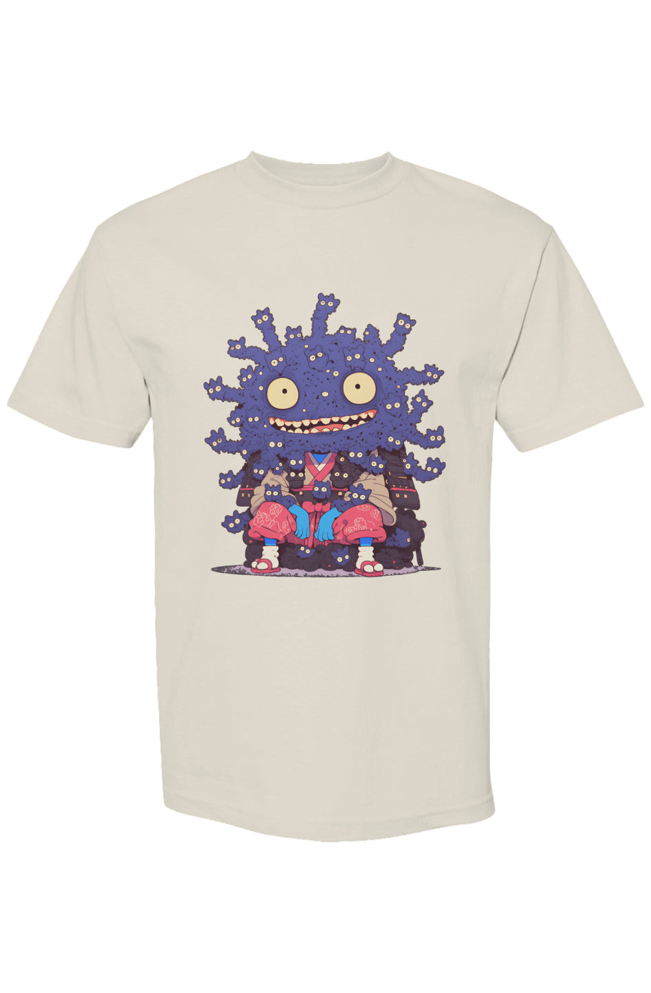 Light-cream T-shirt featuring a whimsical monster in samurai attire, part of the Shinjoku Streetwear Vibes X | Seven 25 collection.