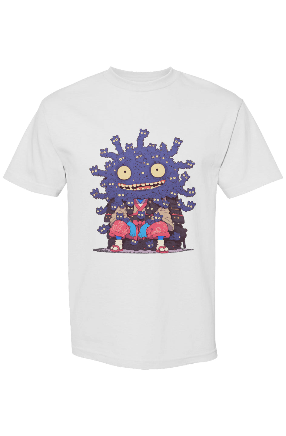 Cartoon-style monster graphic on Shinjoku Streetwear Vibes X | Seven 25 T-shirt, featuring a spiky purple creature in a samurai outfit with colorful design.