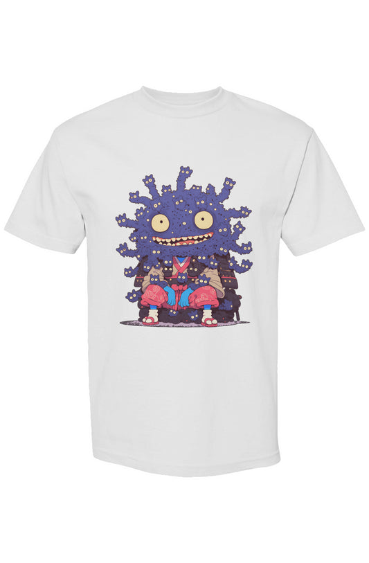 Cartoon-style monster graphic on Shinjoku Streetwear Vibes X | Seven 25 T-shirt, featuring a spiky purple creature in a samurai outfit with colorful design.
