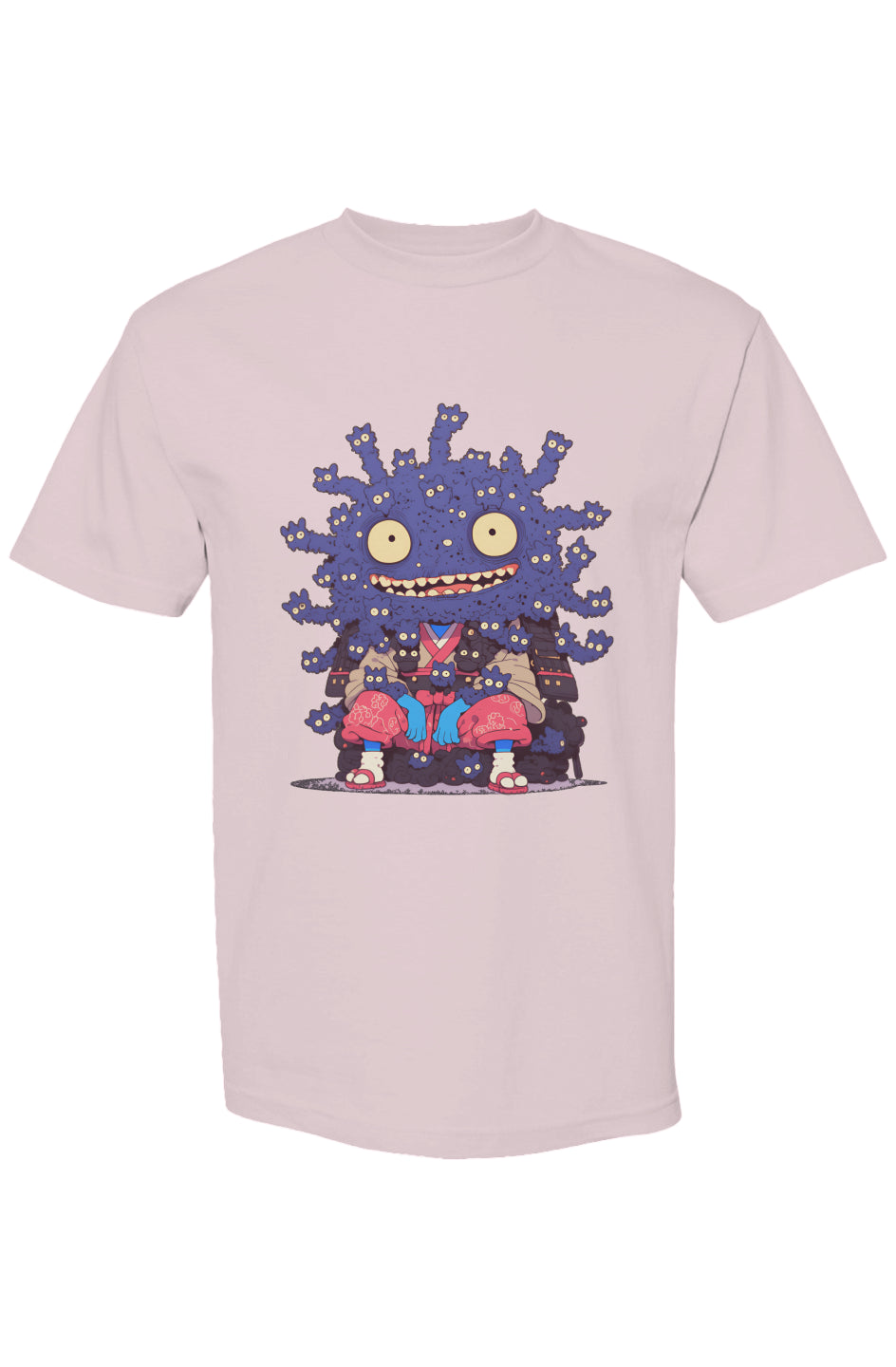 Shinjoku Streetwear Vibes X | Seven 25 T-shirt featuring a whimsical purple monster with tentacle eyes, wearing Japanese-inspired clothing, sitting cross-legged.