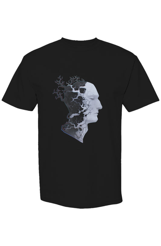 Plain black T-shirt featuring Shinjoku Streetwear Vibes XI | Seven 25 design: a surreal side-profile head with tree-like veins, blending abstract art with fashion-forward style.