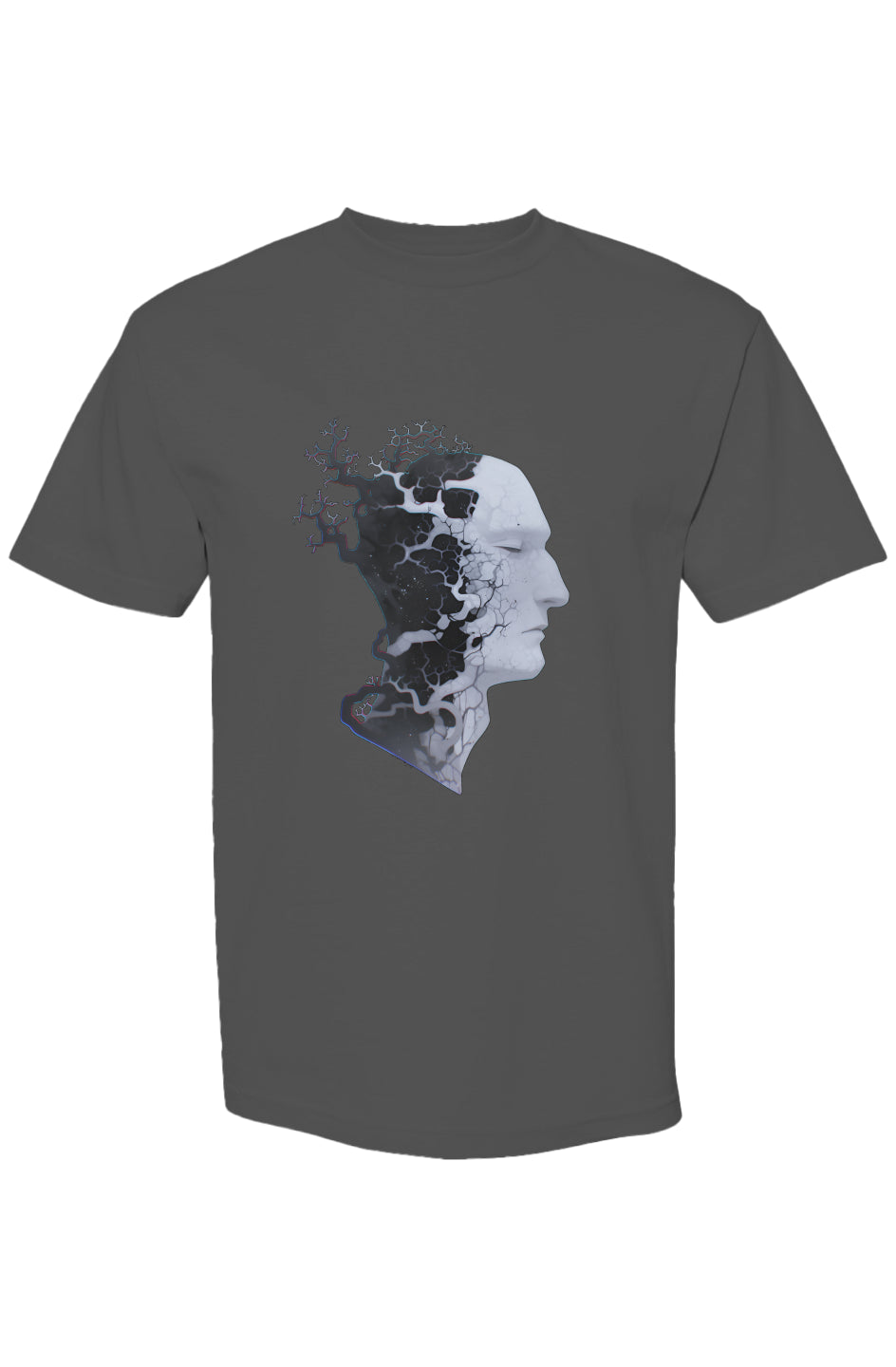 Charcoal-gray T-shirt featuring Shinjoku Streetwear Vibes XI | Seven 25 design, blending classical bust with organic, fractal web, capturing digital-age expression.