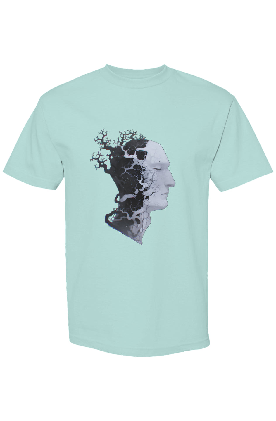 Shinjoku Streetwear Vibes XI | Seven 25 T-shirt featuring a surreal head profile fracturing into tree-like branches, highlighting digital-age expression on heavyweight cotton.
