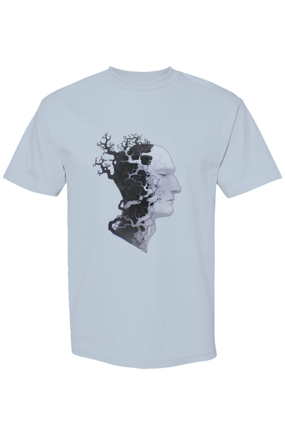 Light-blue crewneck T-shirt featuring Shinjoku Streetwear Vibes XI | Seven 25 design: surreal head profile with abstract neuron-like patterns on premium heavyweight cotton.