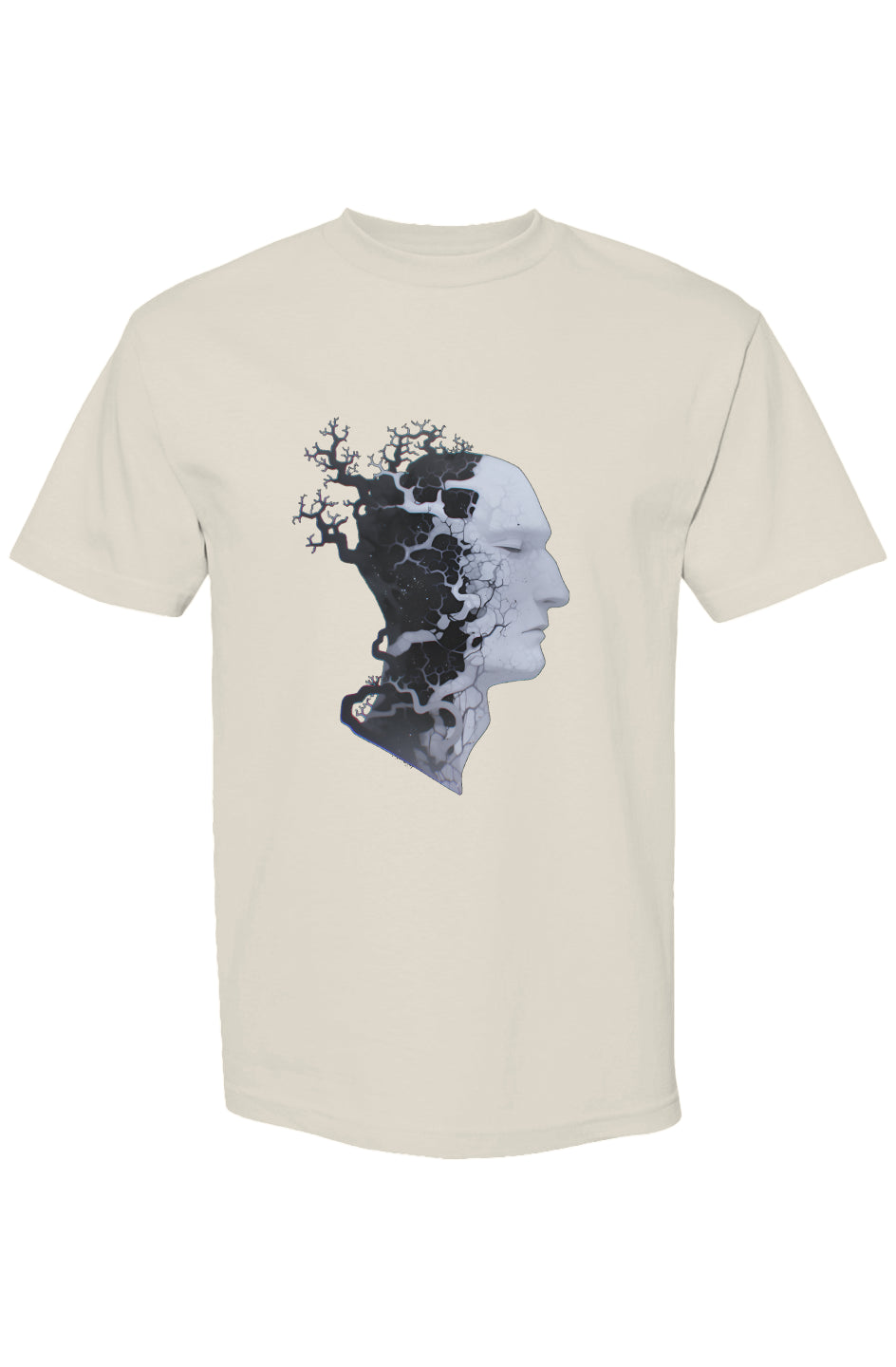 Light-colored T-shirt; surreal graphic of a human profile with branching network. Shinjoku Streetwear Vibes XI | Seven 25 design, offering a boxy, relaxed fit.