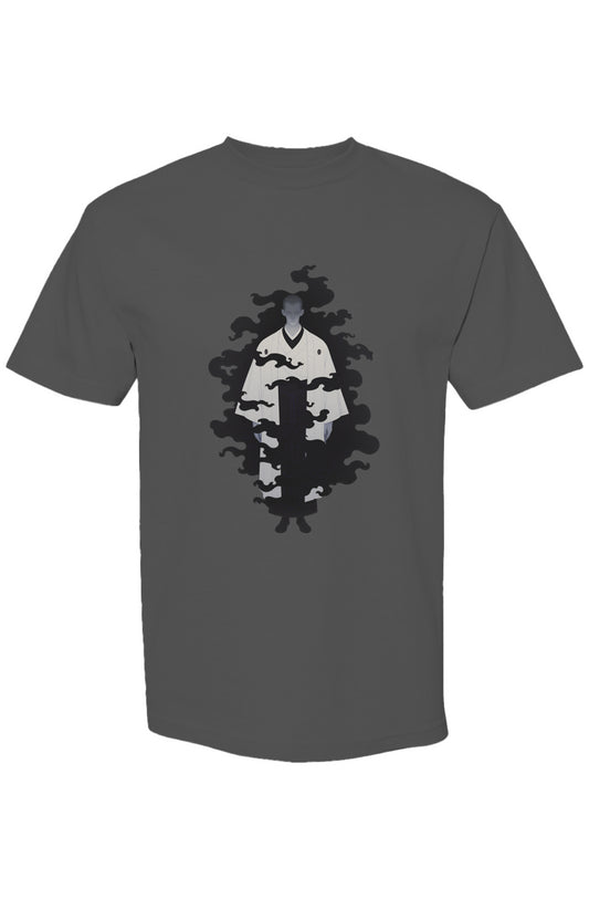 Charcoal T-shirt featuring Shinjoku Streetwear Vibes XII | Seven 25 design: a ghostly figure in Japanese robes with swirling, smoke-like tendrils for an enigmatic look.