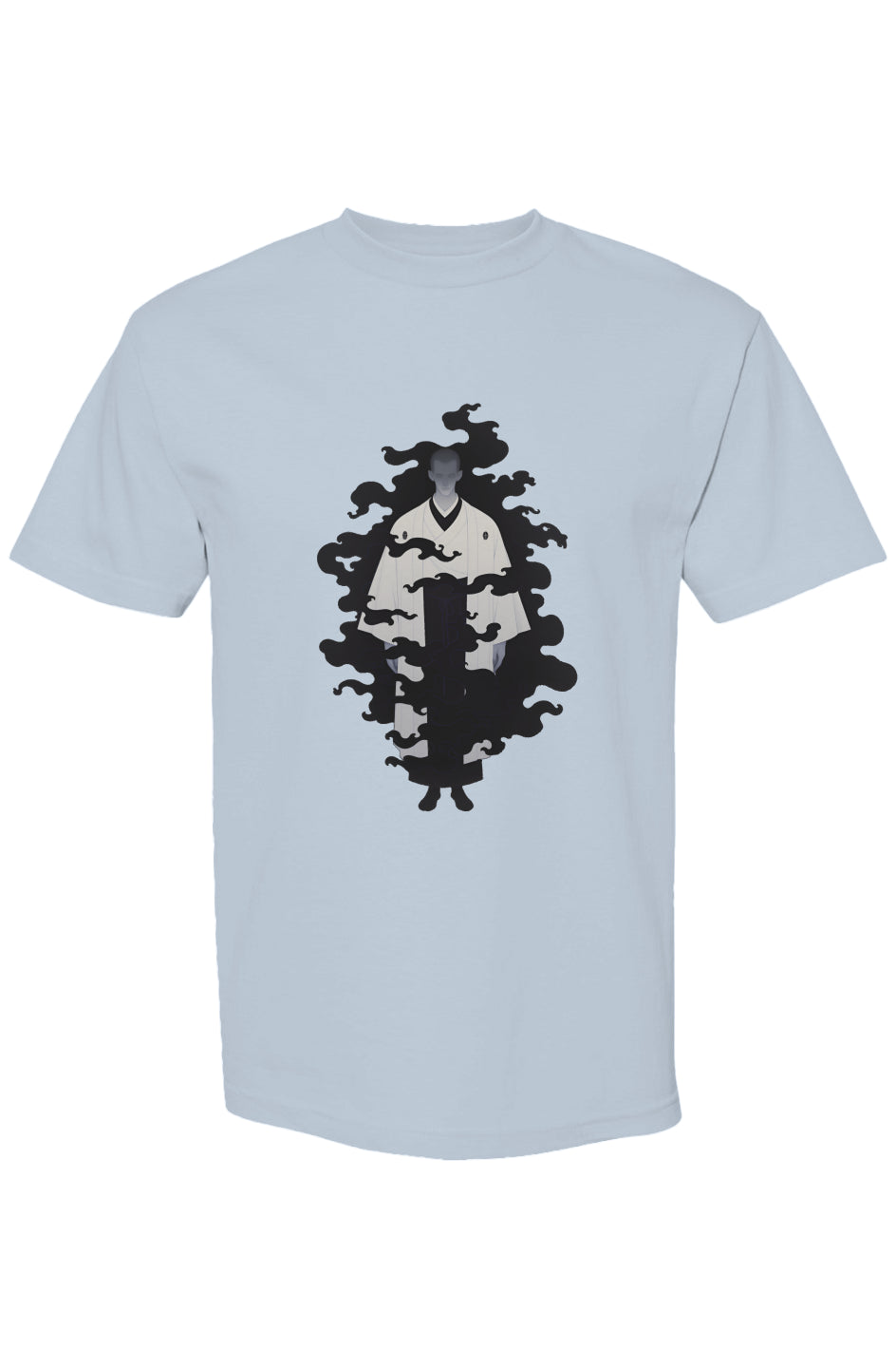 Light-blue T-shirt featuring Shinjoku Streetwear Vibes XII | Seven 25, with a ghostly figure in Japanese robes, surrounded by swirling black mist.