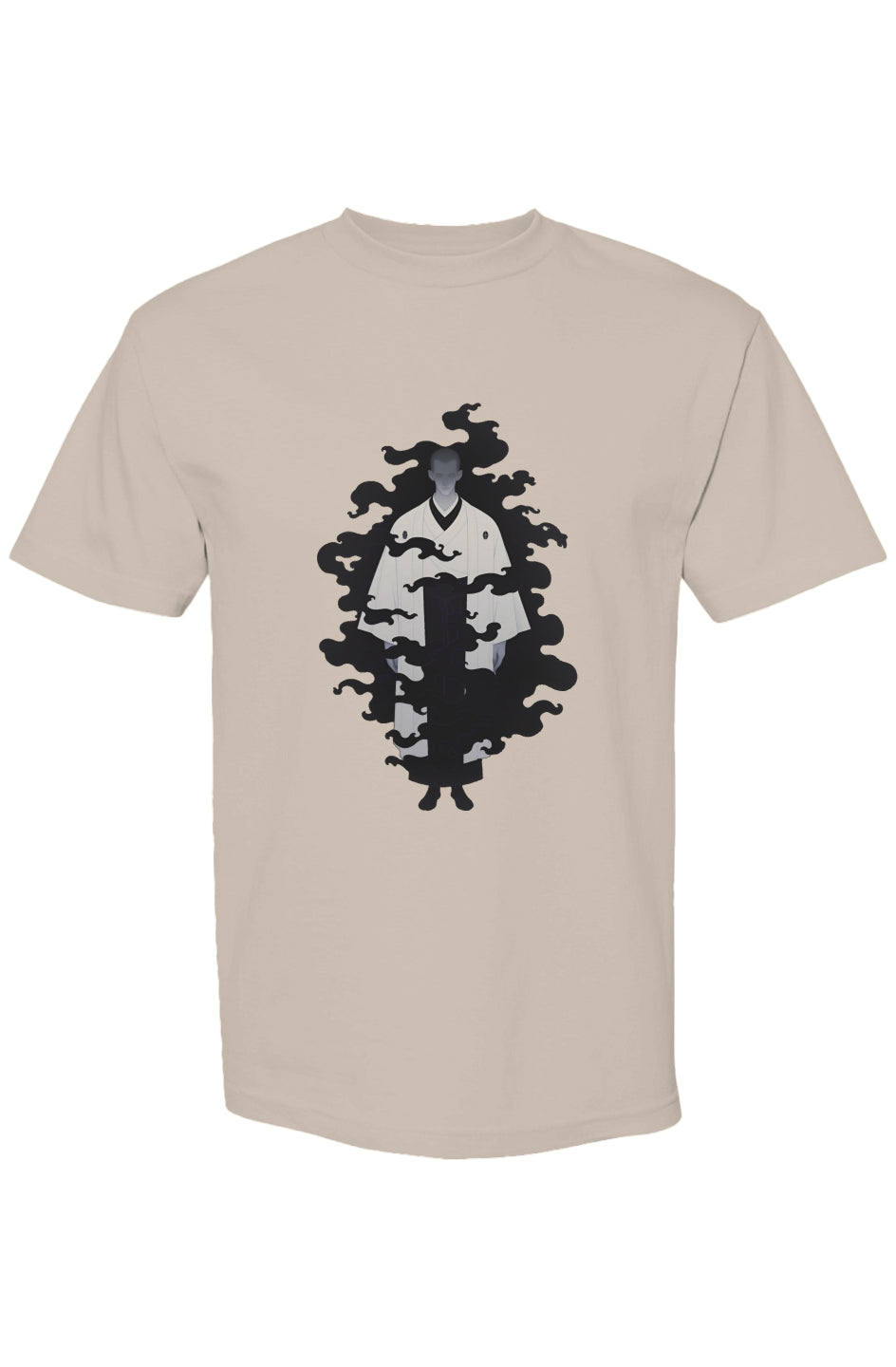 Shinjoku Streetwear Vibes XII | Seven 25 T-shirt featuring a lone figure in Japanese robes with black smoke-like tendrils on a light-beige backdrop.