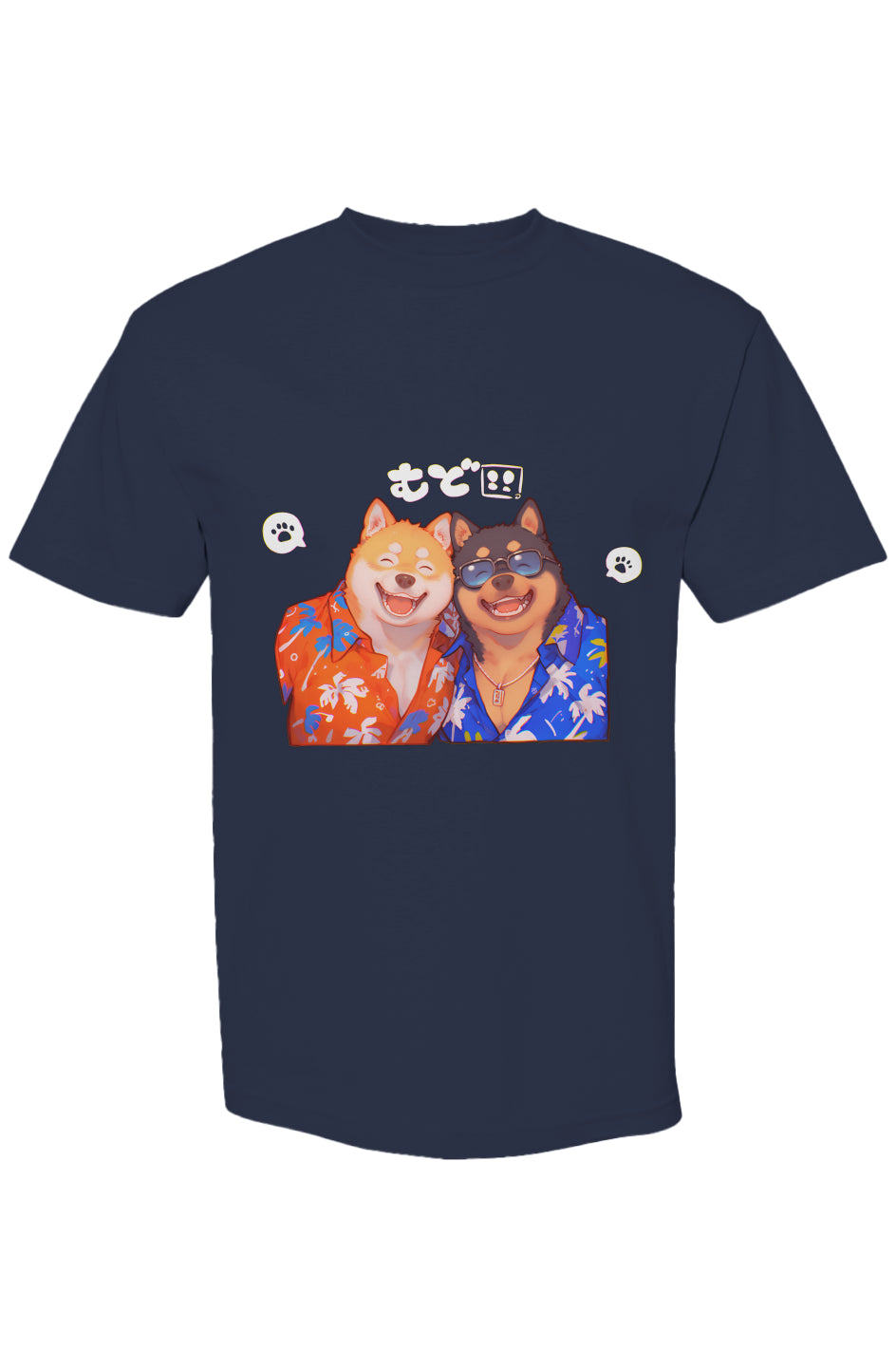 Navy-blue T-shirt featuring two cartoon Shiba Inu dogs in Hawaiian shirts, sunglasses, and pendant, part of the Shinjoku Streetwear Vibes XIII | Seven 25 collection.