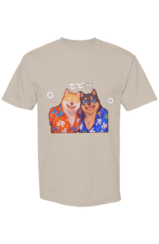 Light-beige T-shirt featuring Shinjoku Streetwear Vibes XIII design with smiling Shiba-Inu dogs in Hawaiian shirts, embodying digital-age expression and creative streetwear style.
