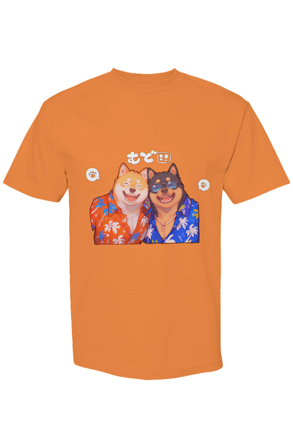 Orange T-shirt featuring two grinning cartoon Shiba Inu dogs in Hawaiian shirts, part of the Shinjoku Streetwear Vibes XIII | Seven 25 collection.