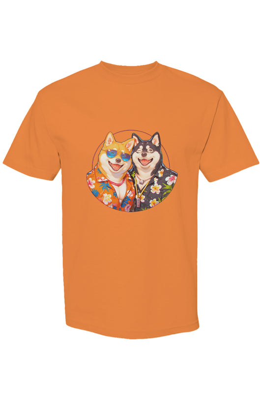 Orange T-shirt with two cartoon Shiba Inu dogs in Hawaiian shirts, part of Shinjoku Streetwear Vibes XIV | Seven 25 collection, showcasing unique digital-age expression.