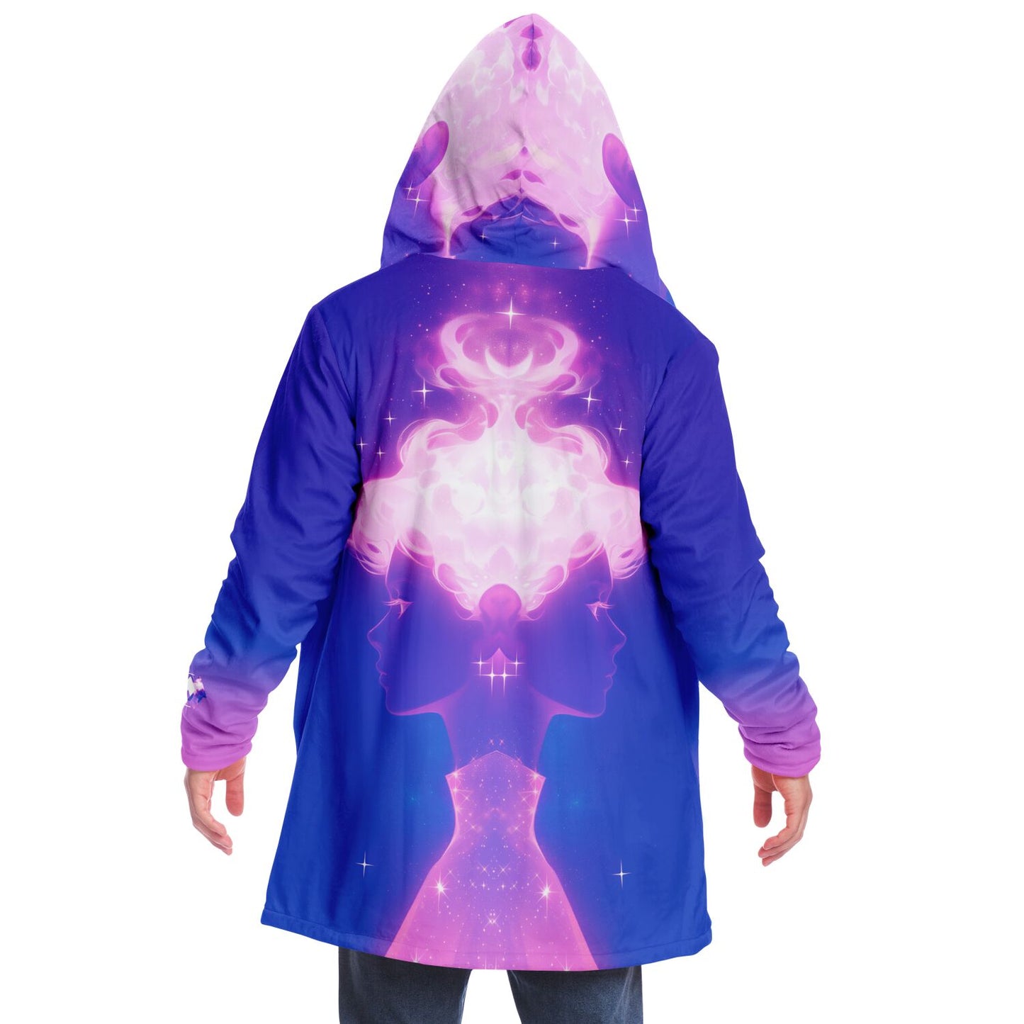 Person wearing the Ethereal Gem hoodie, showcasing a detailed design of a woman, highlighting the stylish comfort of the 1337 Cloak collection.