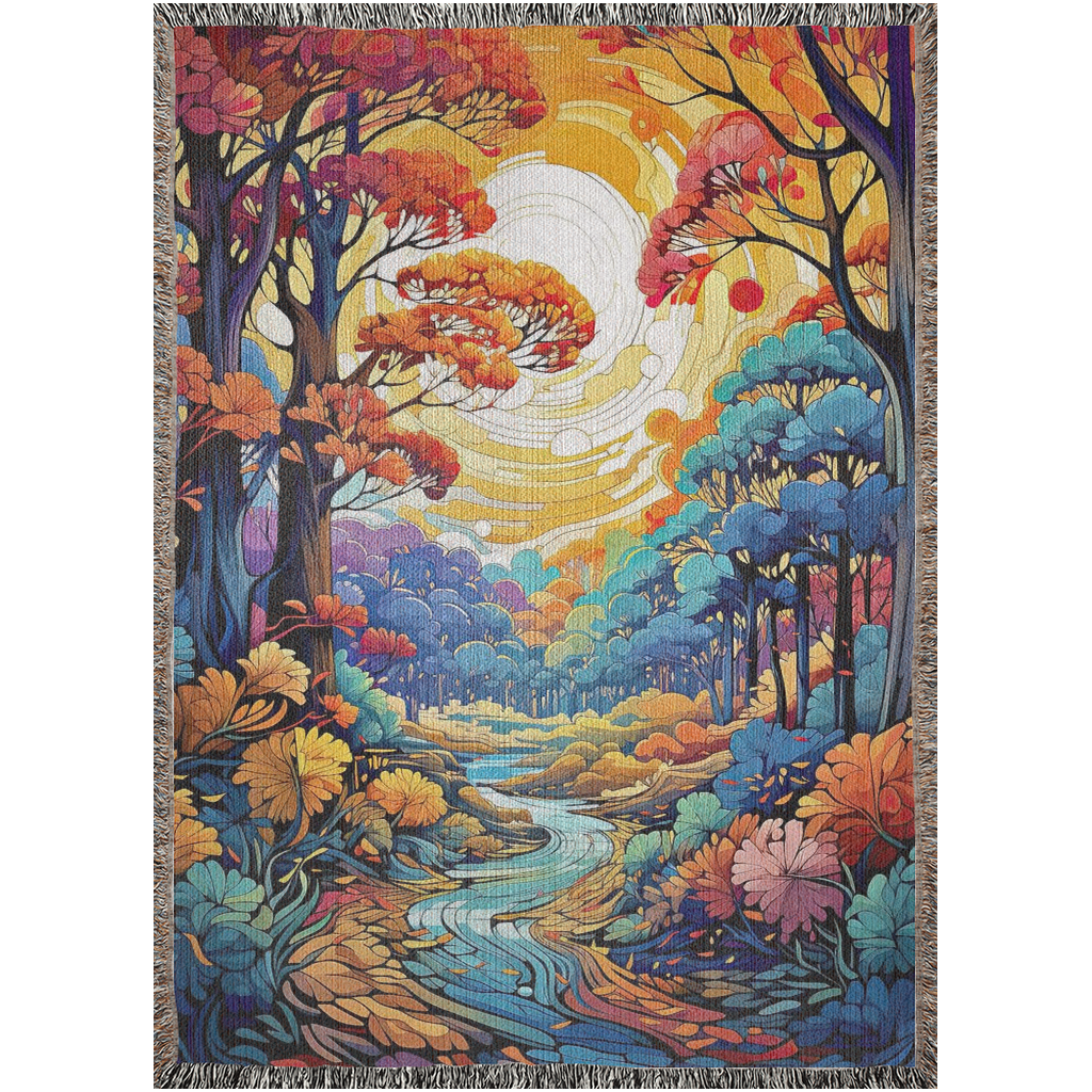 Flowing Serenity Woven Blanket featuring a colorful tapestry of trees and a river, highlighting its luxurious, intricate design.