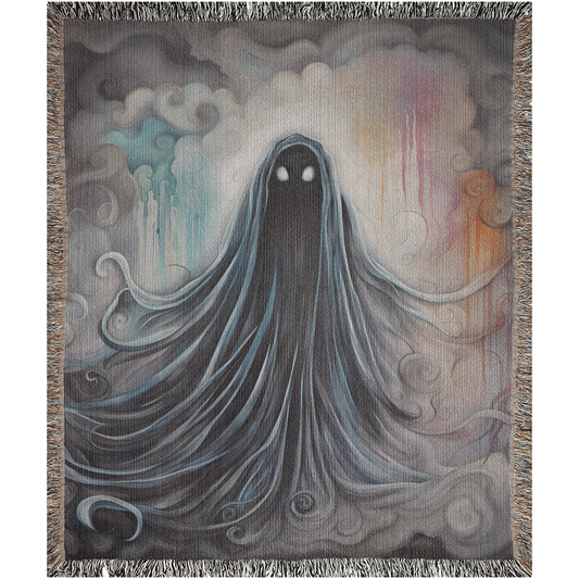Silhouetted Soul I Woven Blanket features a ghost design, adding luxury and personality to home décor. Made from 100% cotton, perfect for gifting or personal use.
