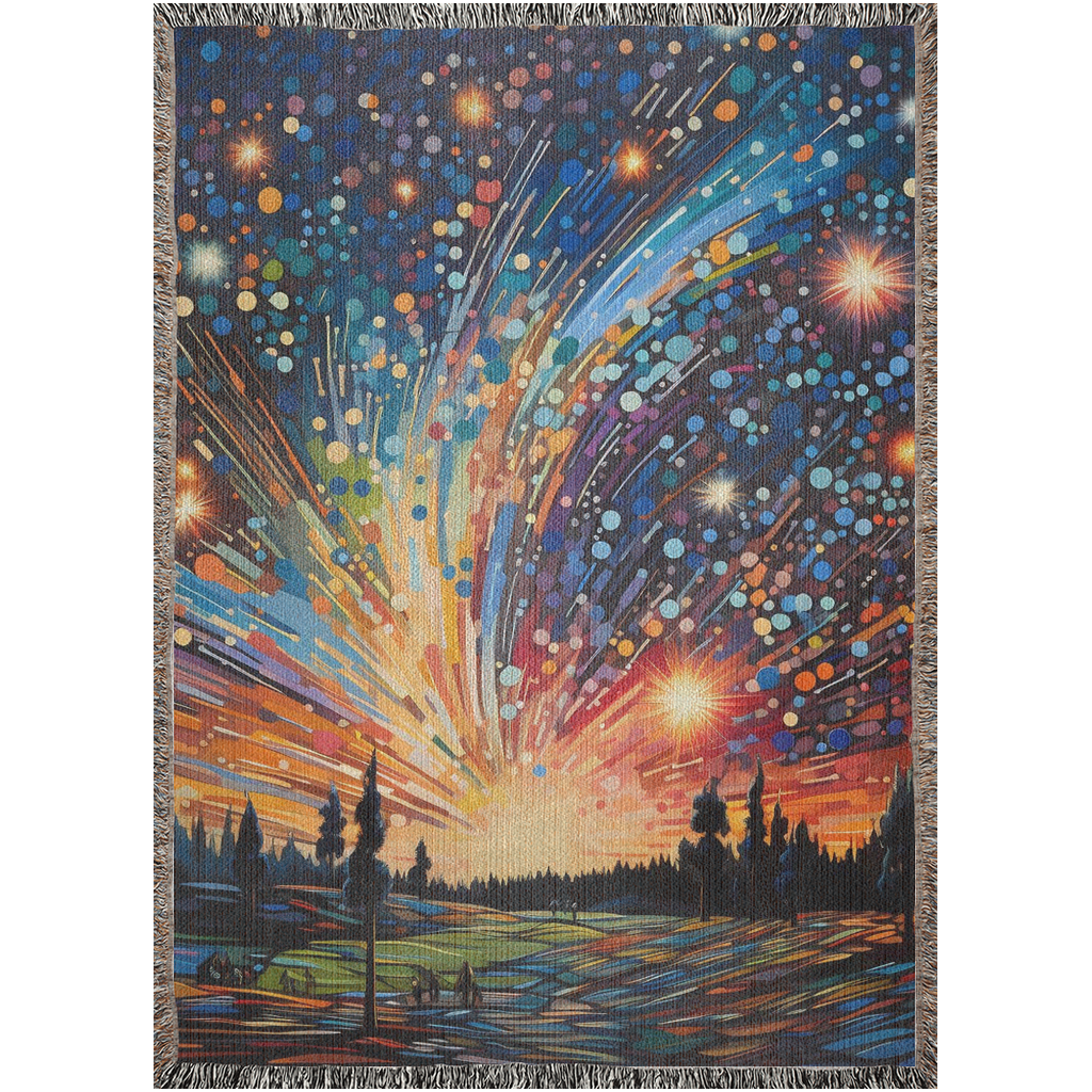 Meteor Shower Woven Blanket featuring an artful depiction of fireworks, adding luxury and personality to your home décor with 100% pure cotton craftsmanship.
