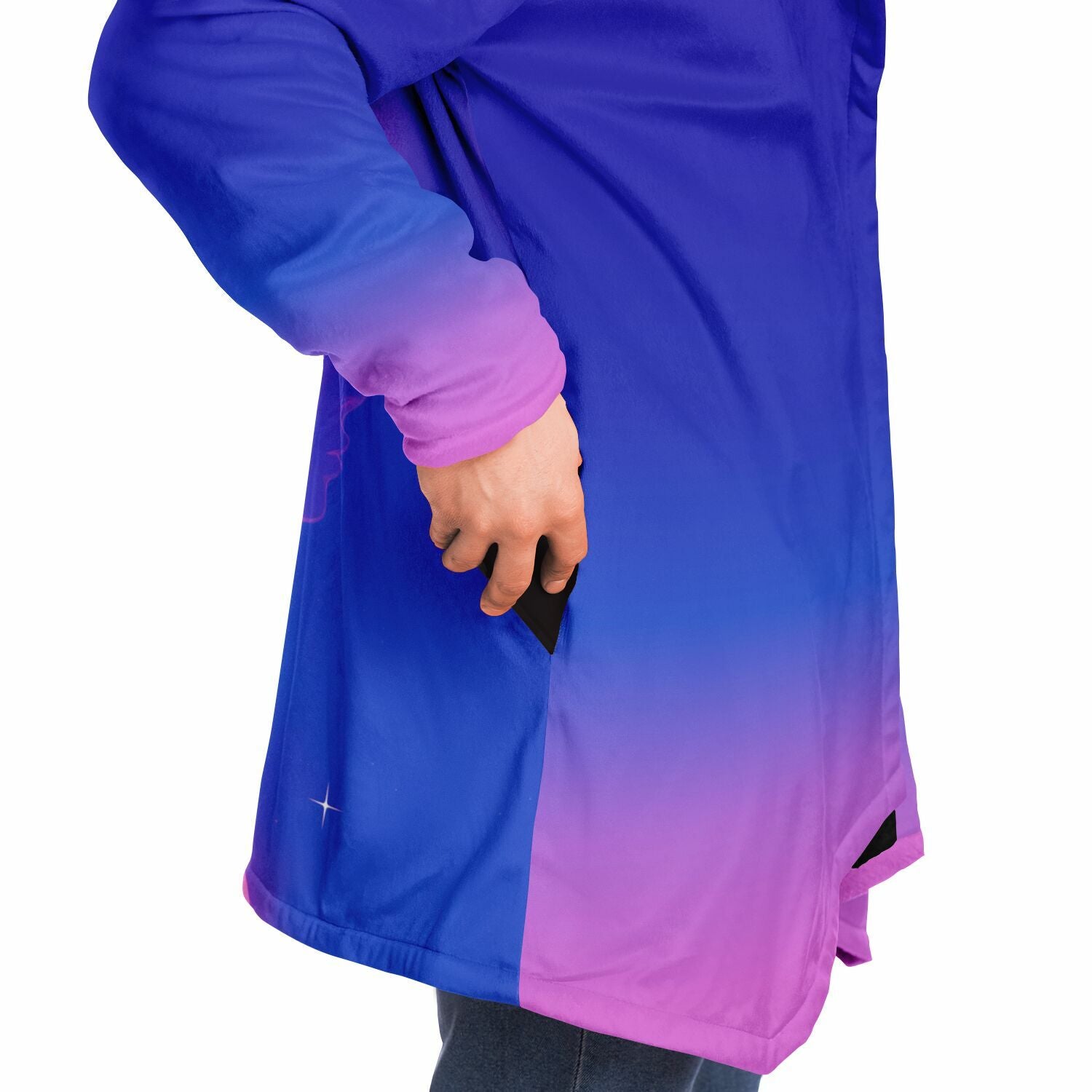 Person wearing the Ethereal Gem hoodie, showcasing a detailed design of a woman, highlighting the stylish comfort of the 1337 Cloak collection.