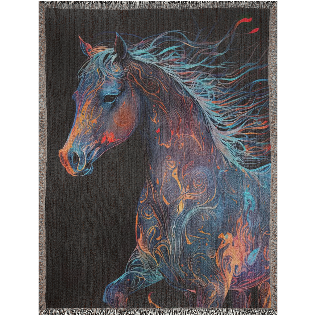 Embermane Woven Blanket featuring a vibrant horse painting, crafted from 100% cotton for a luxurious and durable home accent.