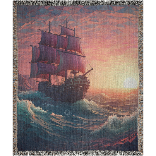 Long Journey Ship woven blanket featuring a sailboat at sea, crafted from 100% pure cotton, adding luxury and personality to home dΓ©cor.