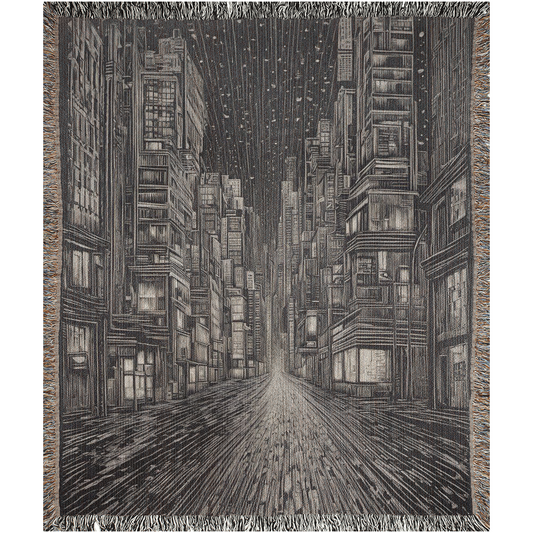Urban Nightscape I woven blanket featuring a city street at night, intricately crafted for luxury and personal style. Made from 100% pure cotton.