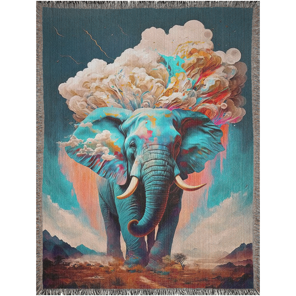 Elemental Elephant Woven Blanket featuring a vibrant elephant design with cloud patterns, showcasing artistic detail and luxury for home décor.