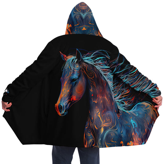 Person wearing Embermane 1337 Cloak, showcasing a horse design. The cloak offers warmth with premium micro-mink fabric and ultra-soft microfiber fleece lining.