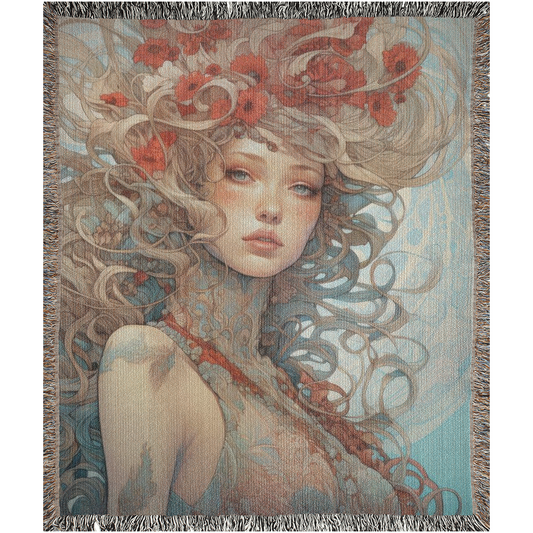 Beauty in Bloom II Woven Blanket features a woman with long hair adorned with flowers, capturing an artistic portrait perfect for home décor.