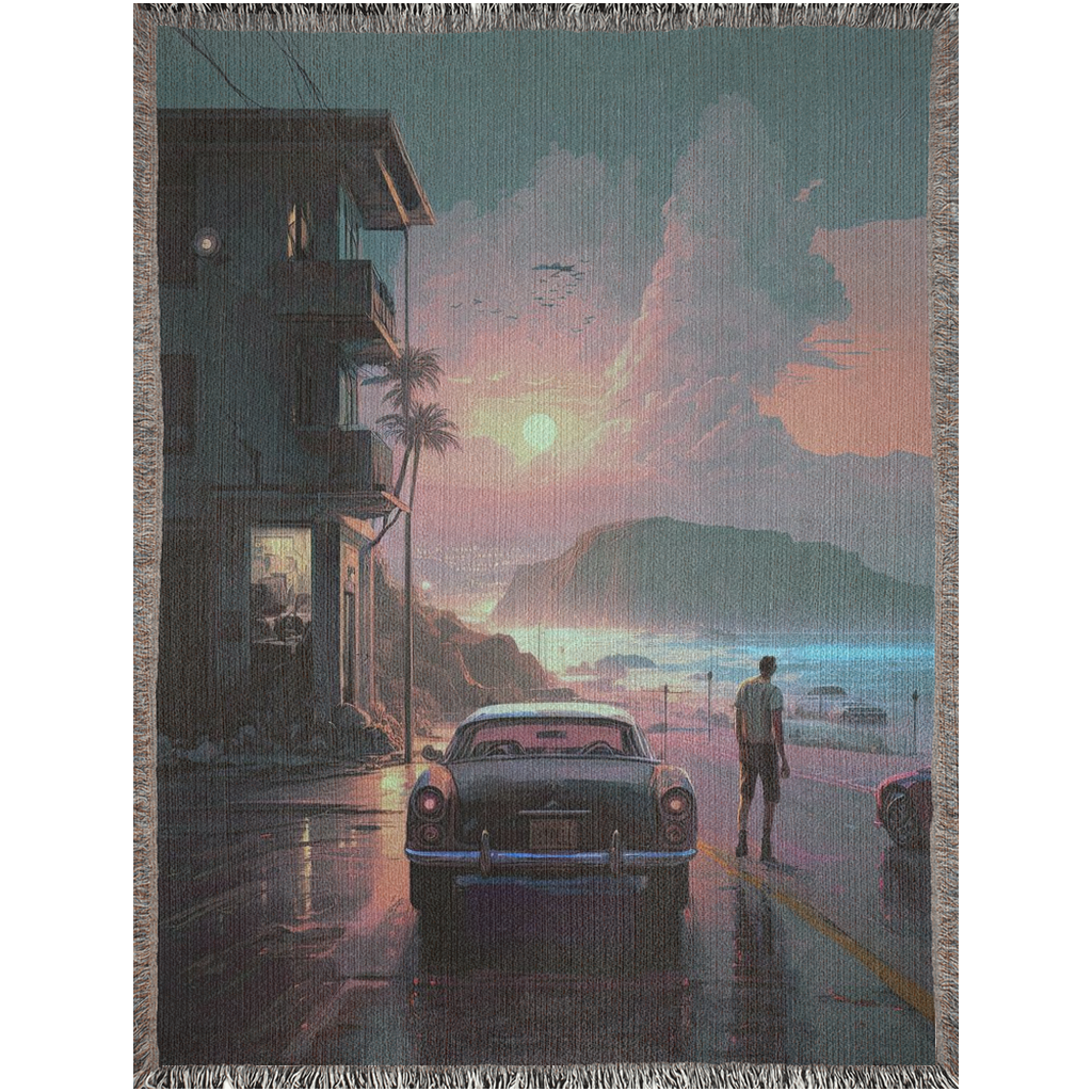 Man walking by a car under rain depicted on the Reflections in the Rain woven blanket from Artifact1337, showcasing luxury and intricate weaving.