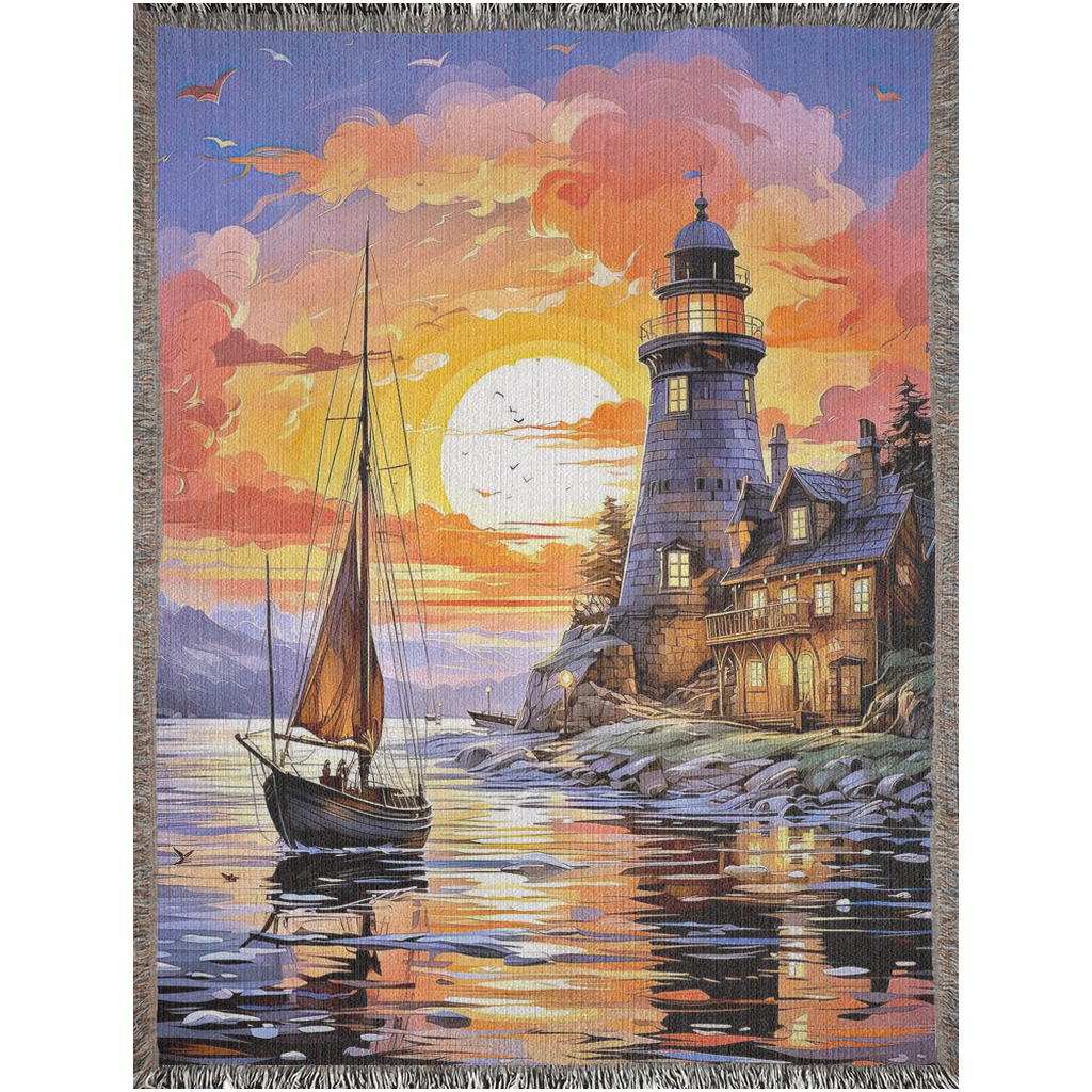 Lighthouse at Sunset Woven Blanket featuring a sailboat on the water, intricately woven with 100% pure cotton for a luxurious touch.
