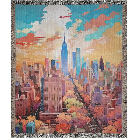 Woven blanket featuring a cityscape design, titled New York in Pastels II, showcasing intricate artistry, ideal for home decor or gifting. Made from 100% pure cotton.