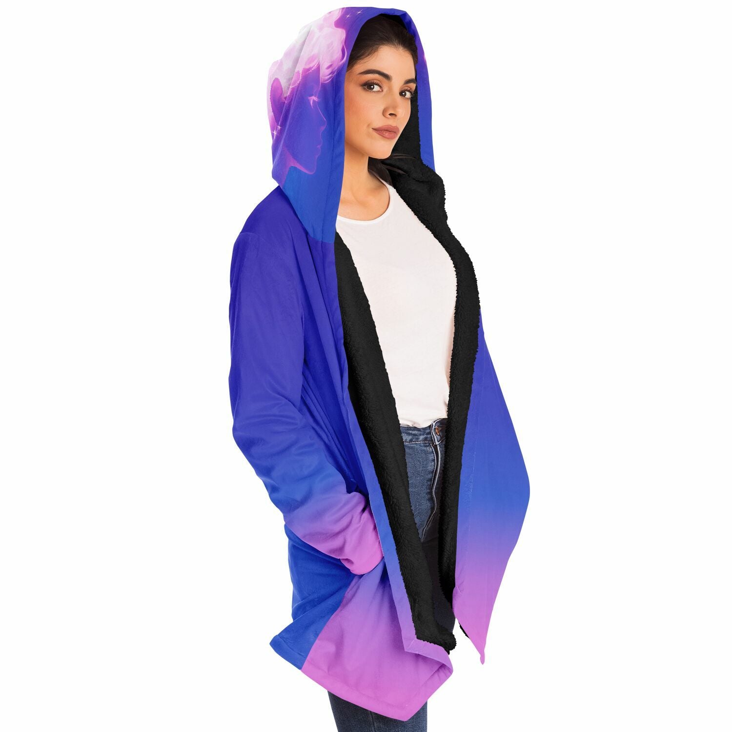 A woman wearing the Ethereal Gem 1337 Cloak, showcasing its hooded design and luxurious fabric, perfect for warmth and style on chilly days.