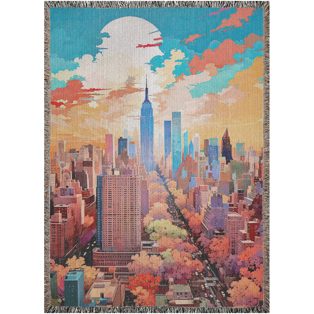 Woven blanket featuring a cityscape design, titled New York in Pastels II, showcasing intricate artistry, ideal for home decor or gifting. Made from 100% pure cotton.