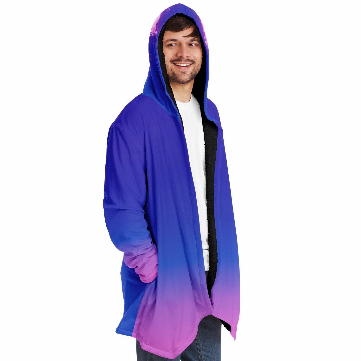 A man wearing the Ethereal Gem 1337 Cloak, showcasing its hooded design and luxurious fabric, perfect for warmth and style on chilly days.