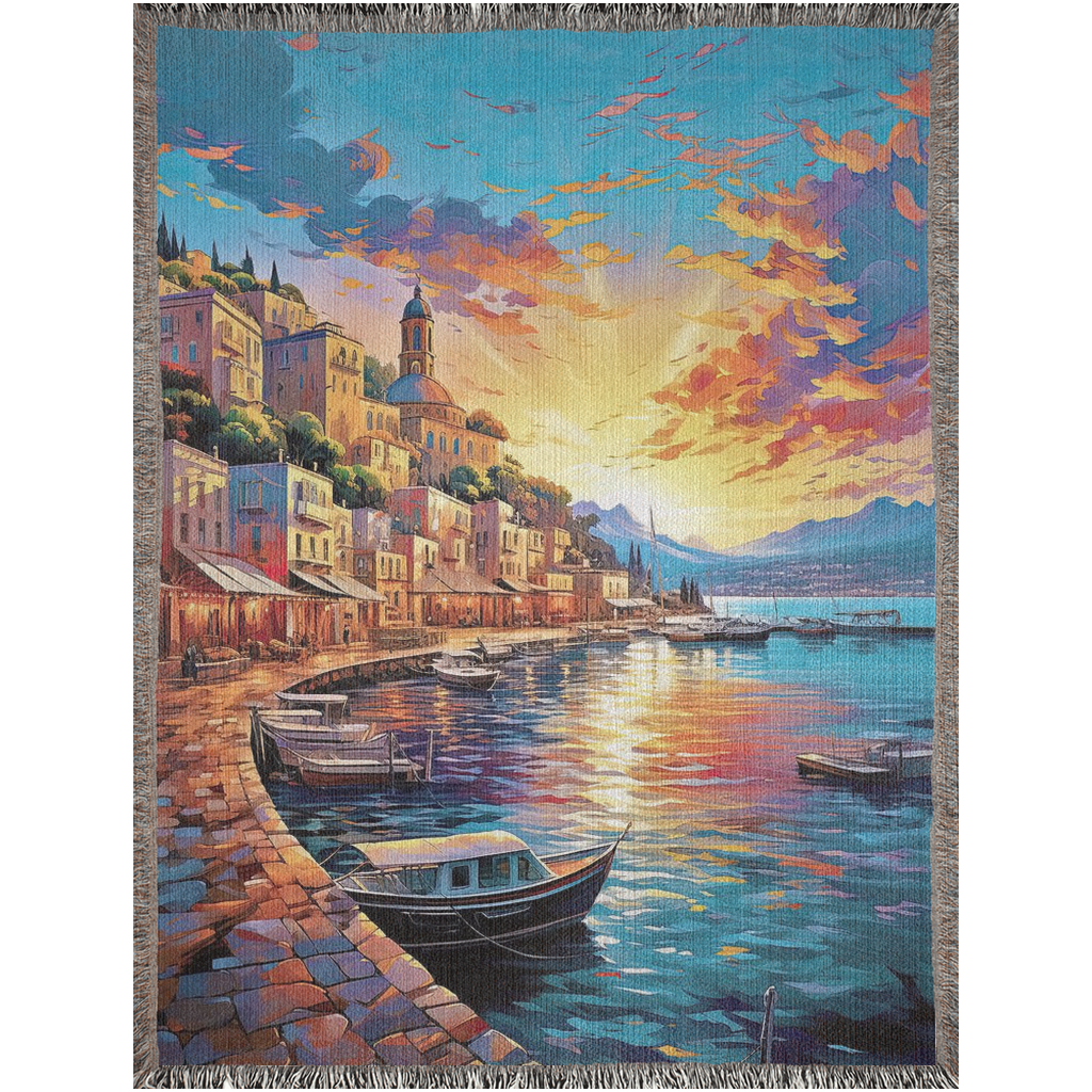 Capri Sunset Woven Blanket featuring a vivid tapestry design with boats on water, crafted from 100% cotton for luxury and durability.