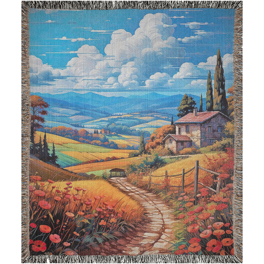 Poppies in Bloom Woven Blanket features an artistic landscape with a house and floral motifs, offering luxury and style for home decor.