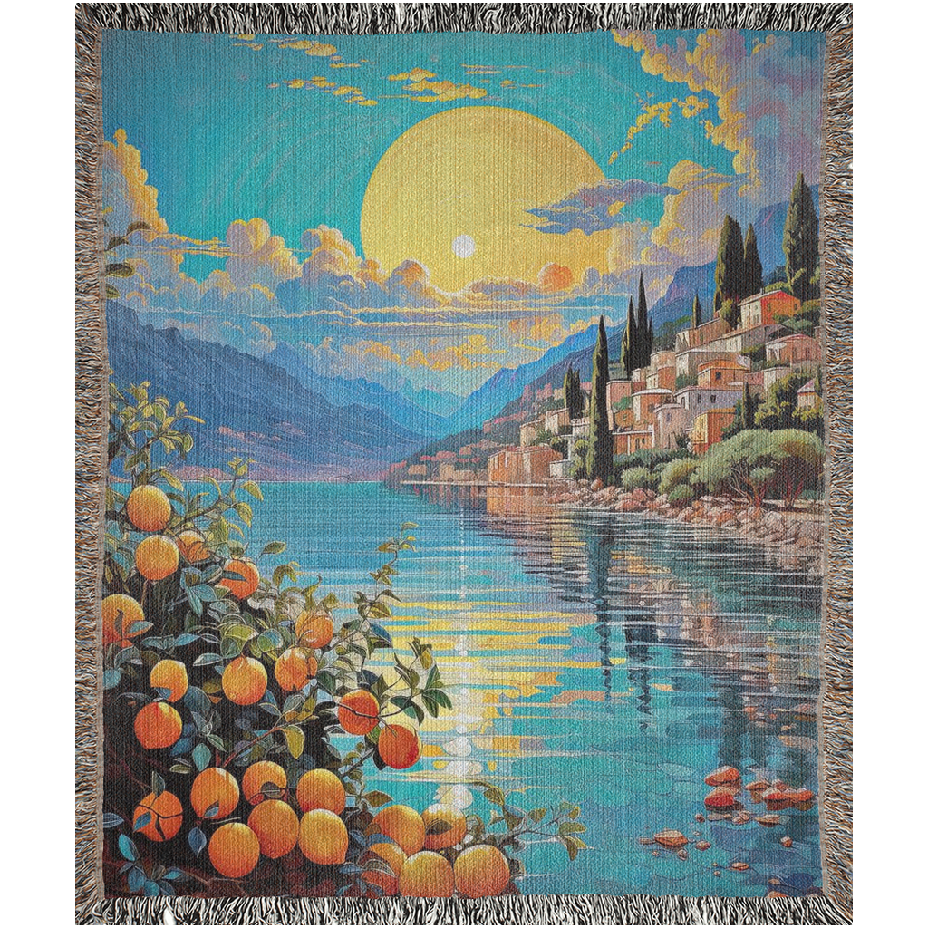 Surreal Menton Woven Blanket features a colorful tapestry design with oranges and a river, crafted from 100% cotton for luxury and durability.