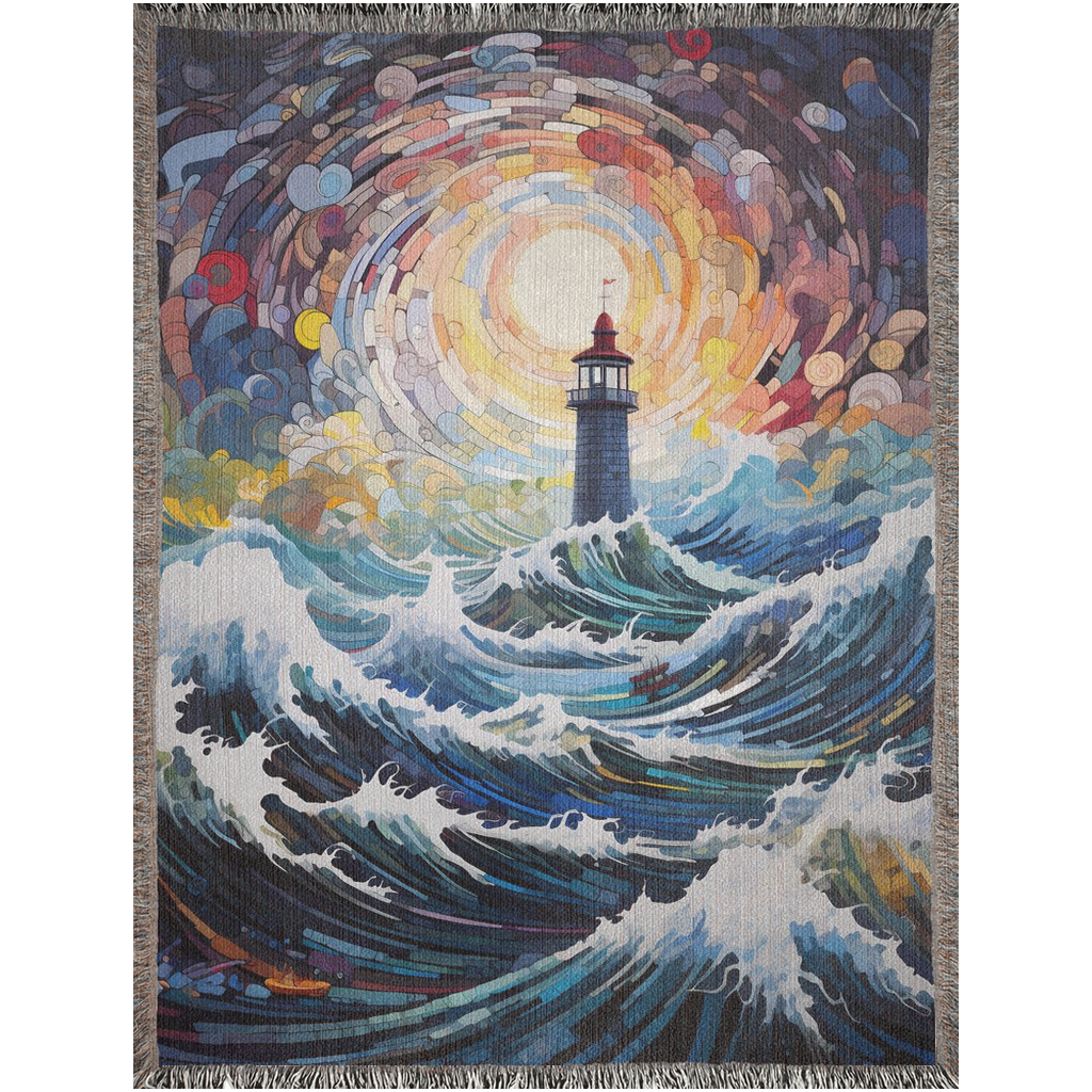 Lighthouse vs Cyclone Woven Blanket featuring a lighthouse in the ocean, showcasing intricate art on a luxurious cotton fabric.