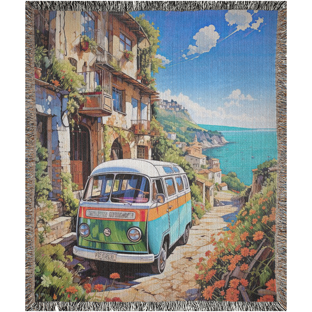 Woven blanket titled Van Life on the Med features a tapestry design with a parked bus, highlighting luxury and personal style from Artifact1337.