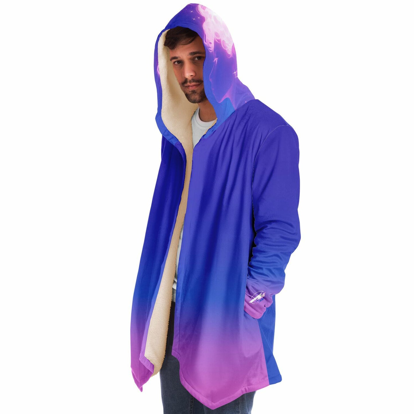 A man wearing the Ethereal Gem 1337 Cloak, showcasing its hooded design and luxurious fabric, perfect for warmth and style on chilly days.