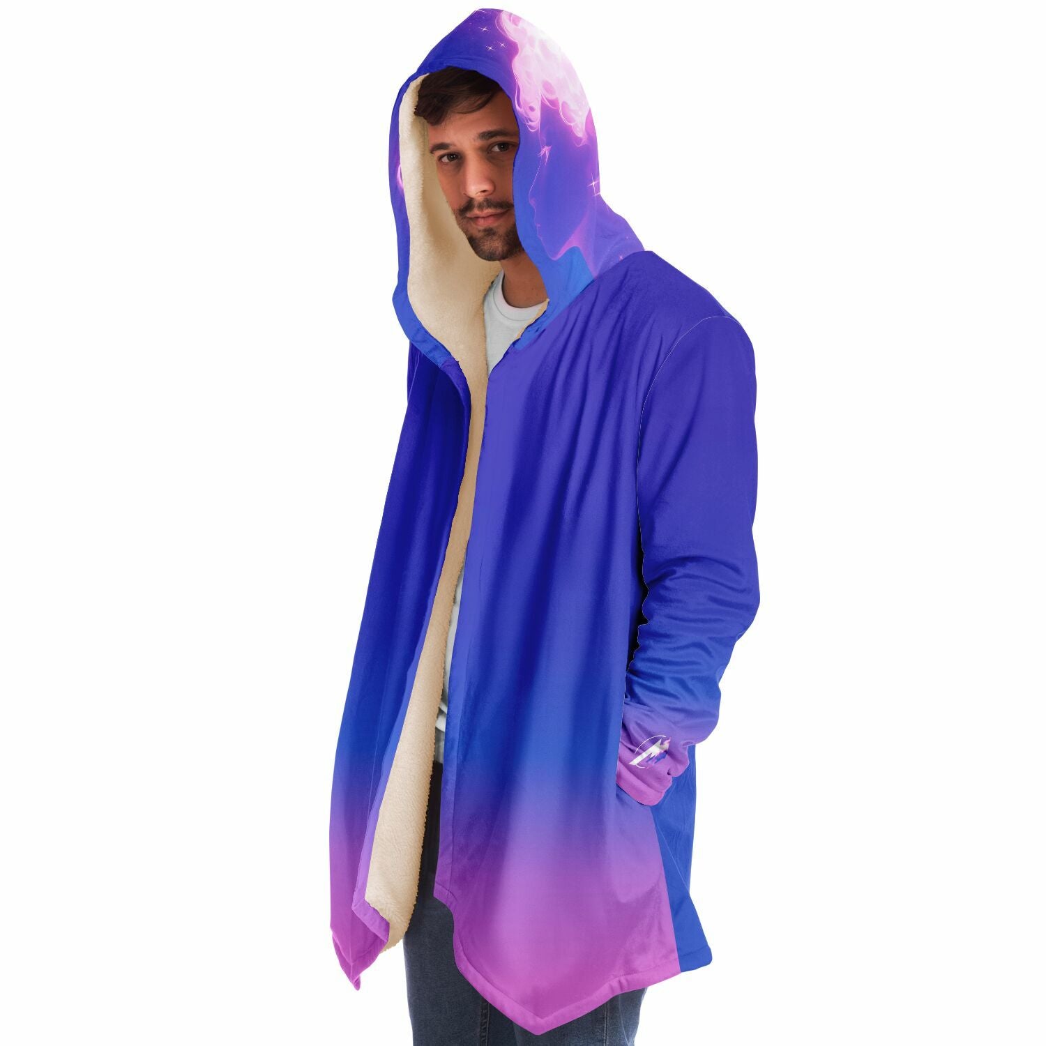A man wearing the Ethereal Gem 1337 Cloak, showcasing its hooded design and luxurious fabric, perfect for warmth and style on chilly days.