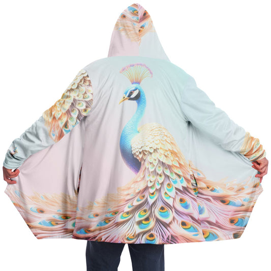 Person wearing The Peacock Emperor 1337 Cloak with a detailed peacock design, showcasing the cloak's luxurious micro-mink fabric and ultra-soft fleece lining.