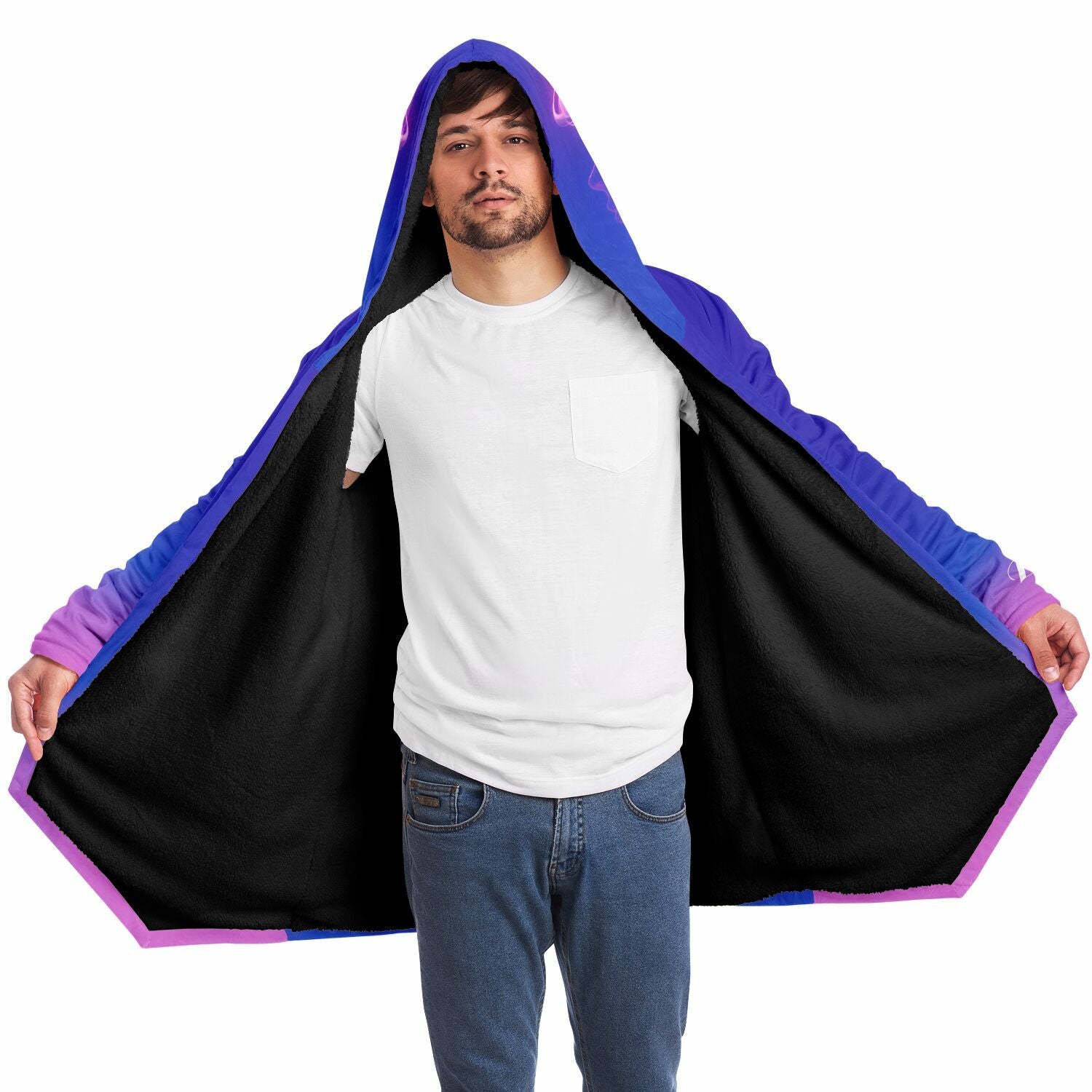 A man wearing the Ethereal Gem 1337 Cloak, showcasing its hooded design and luxurious fabric, perfect for warmth and style on chilly days.