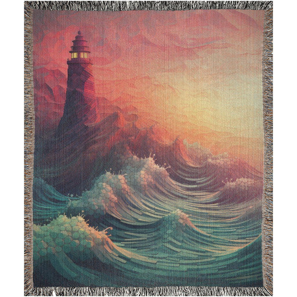Long Journey Beacon Woven Blanket featuring a lighthouse art design, perfect for adding luxury and personality to home décor or gifting.