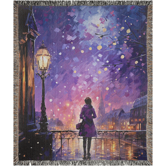 Paris in Lavender II woven blanket featuring an artistic depiction of a woman on a balcony, adding luxury and personality to home decor.