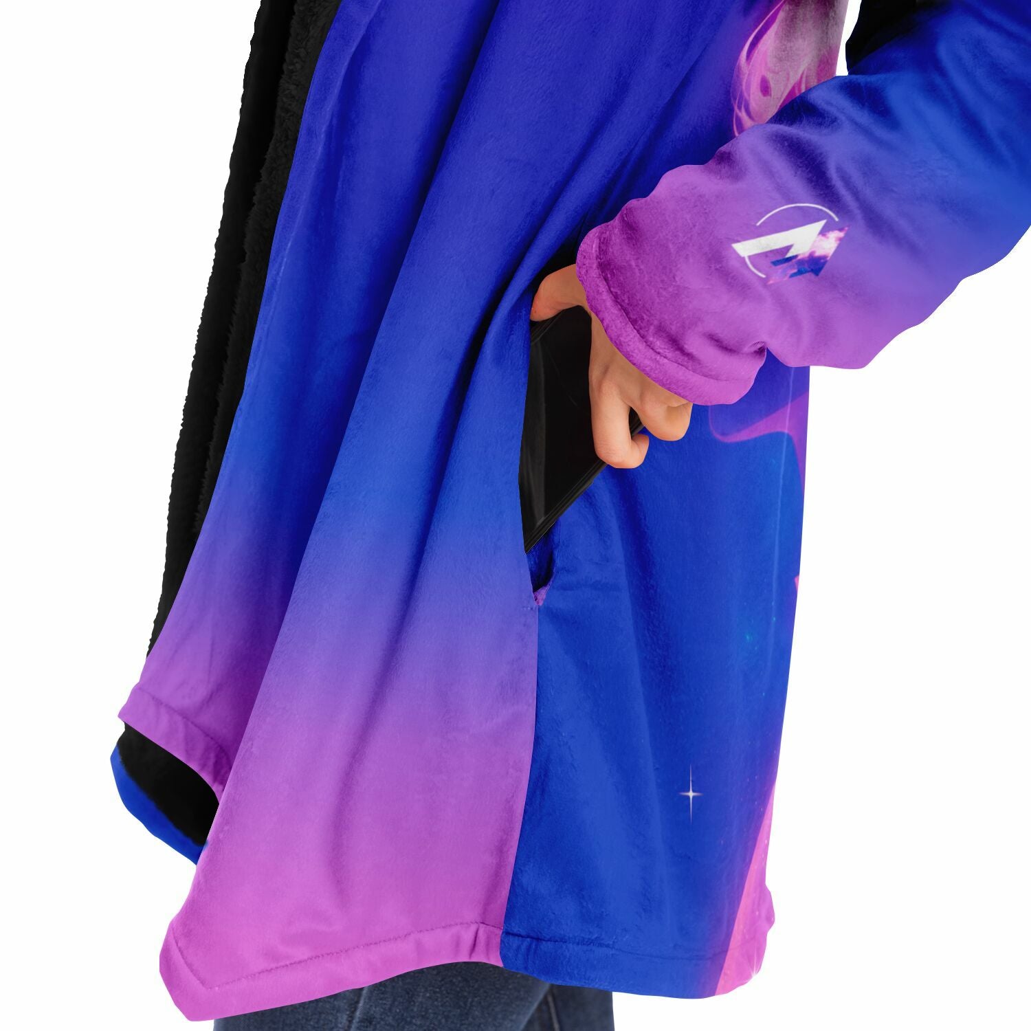 Person wearing the Ethereal Gem hoodie, showcasing a detailed design of a woman, highlighting the stylish comfort of the 1337 Cloak collection.