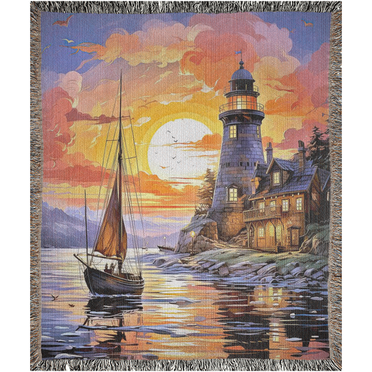 Lighthouse at Sunset Woven Blanket featuring a sailboat on the water, intricately woven with 100% pure cotton for a luxurious touch.