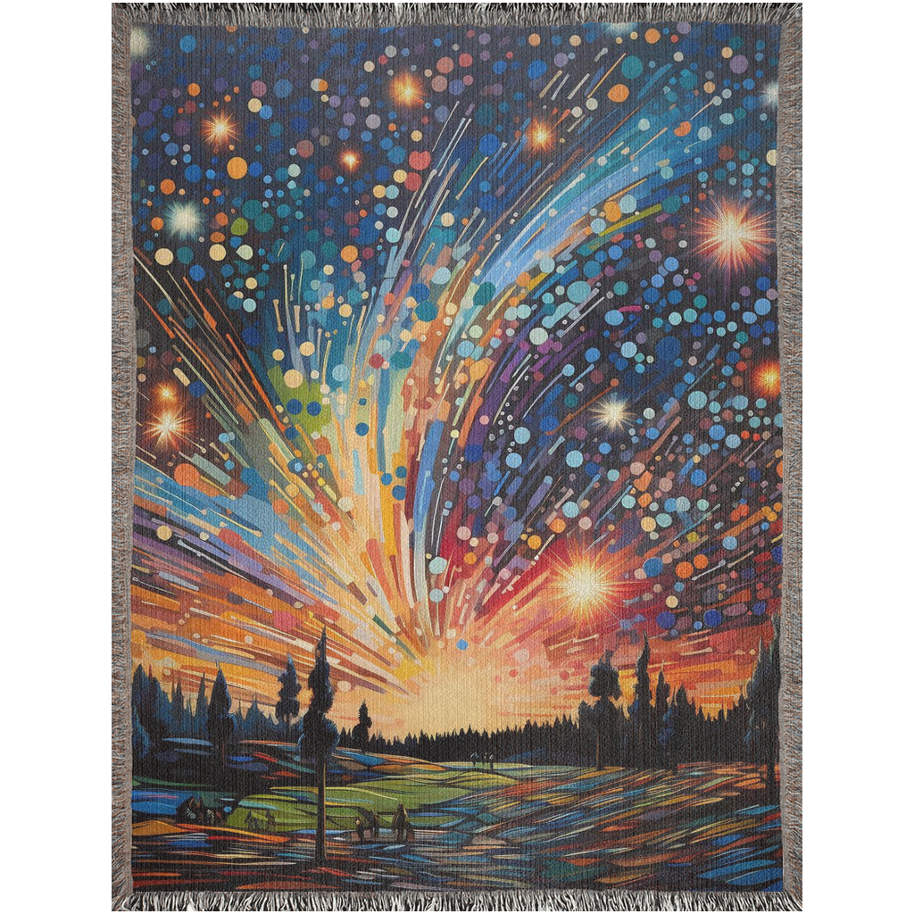 Meteor Shower Woven Blanket featuring an artful depiction of fireworks, adding luxury and personality to your home décor with 100% pure cotton craftsmanship.