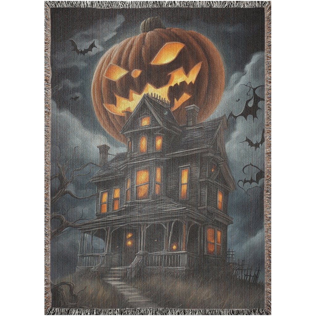 Pumpkin Manor woven blanket featuring a pumpkin atop a house, perfect for adding luxury and personality to your home decor.