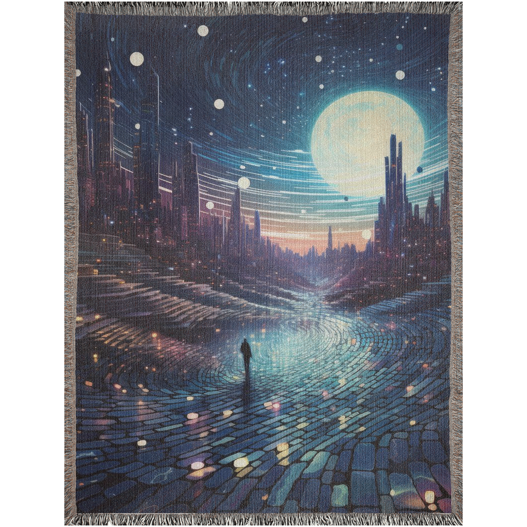 Future Urbanscape I woven blanket, depicting abstract art of a person on a road, blending luxury and style for home decor.