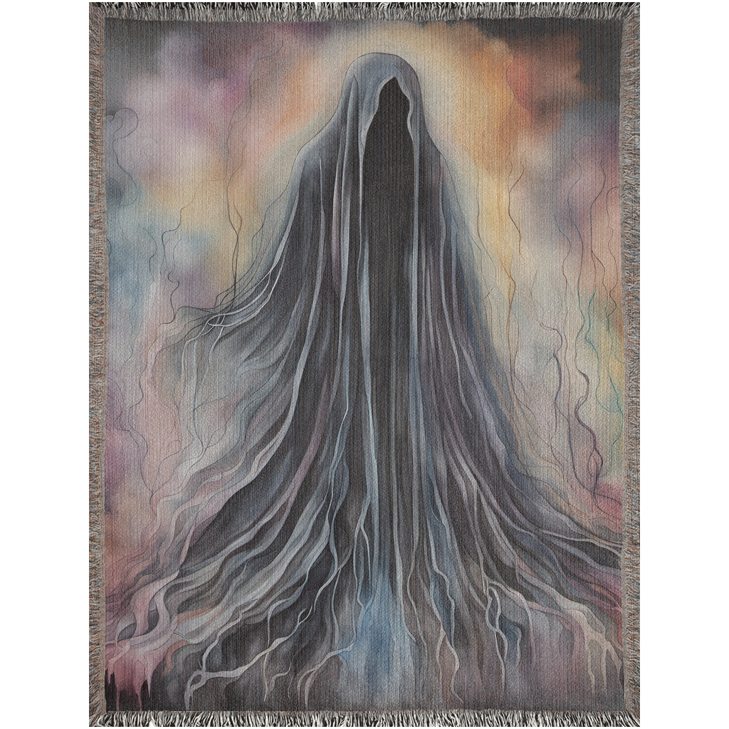 Silhouetted Soul II Woven Blanket featuring a ghostly figure with long hair, blending luxury art into a durable cotton throw.